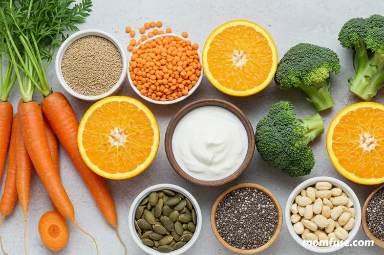 A colorful flat lay of nutrient-rich foods for hair health.