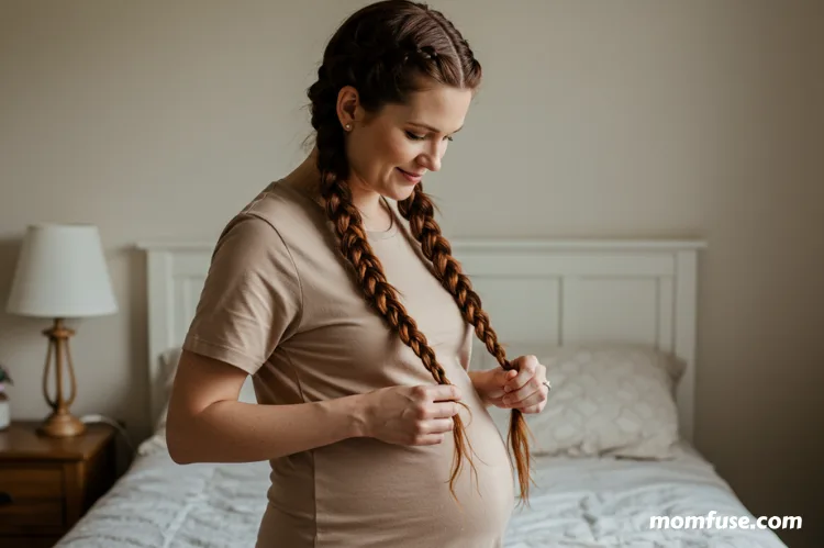 A pregnant woman styling her hair without heat using braids.