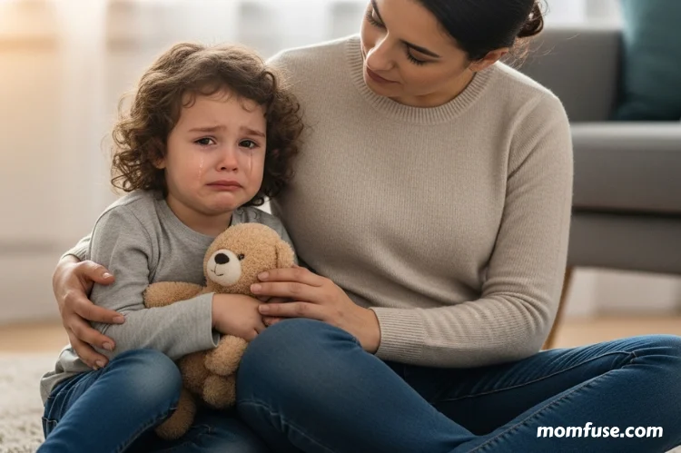A parent sitting calmly beside an upset child, offering presence not solutions.