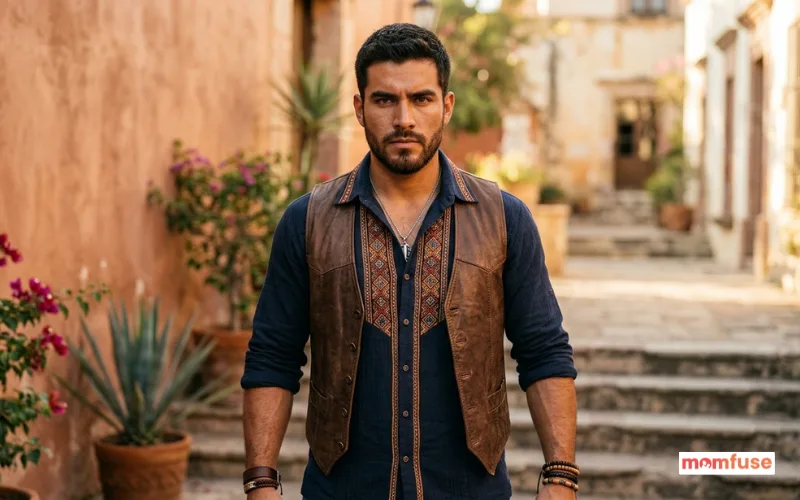 strong mexican man with intense gaze, outdoor sunlight, warm tones, traditional-inspired modern outfit.