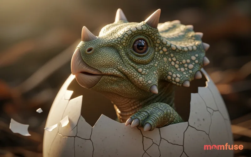 Baby dinosaur hatching from egg, cracked shell, soft lighting, emotional moment, ultra realistic detail