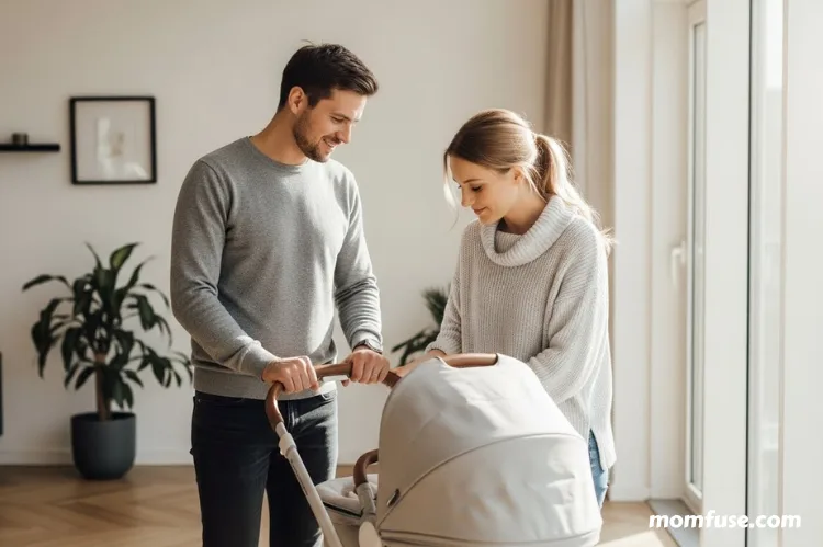 A calm new parents gently pushing a baby stroller in a bright, modern indoor space.