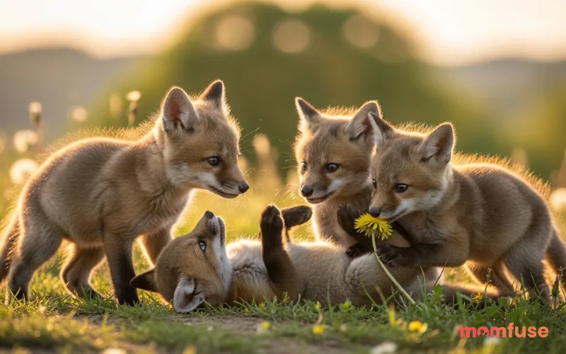 “tiny fox kits playing together, soft fur, natural outdoor setting, warm light, ultra realistic wildlife photo”