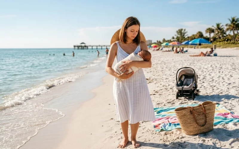 Mother holding a newborn baby while standing on a sunny beach near the shoreline with a stroller and beach bag nearby.