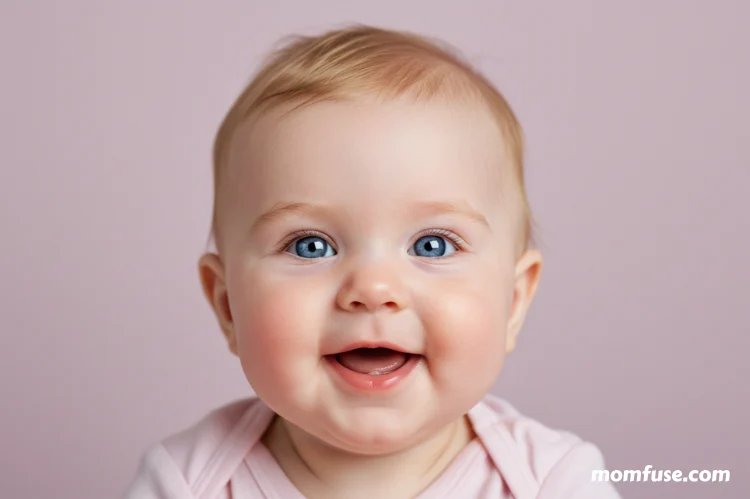 Smiling baby with bright blue eyes and rosy cheeks, wearing a light pink shirt.