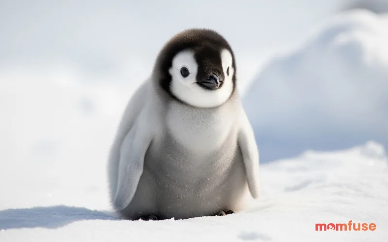 Penguin chick covered in fluffy gray feathers, sitting on snow, soft light, adorable close-up, high realism