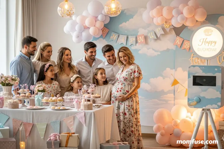 A cheerful family baby shower scene with a decorative photo booth.