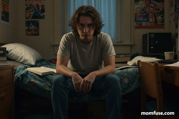 A stressed college student sitting on their bed with a frustrated expression.