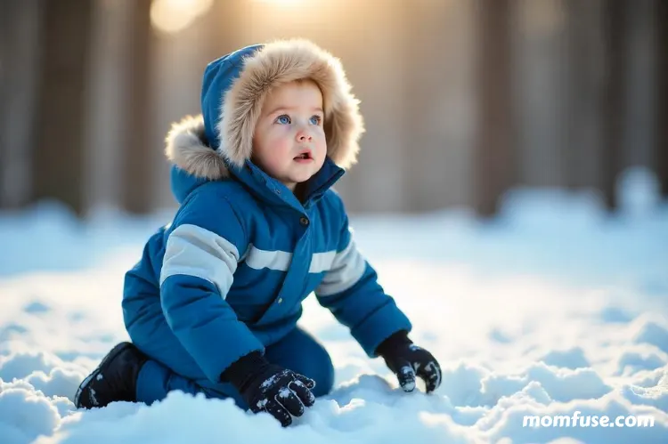 A young child dressed in a warm winter outfit is playing in the snow.