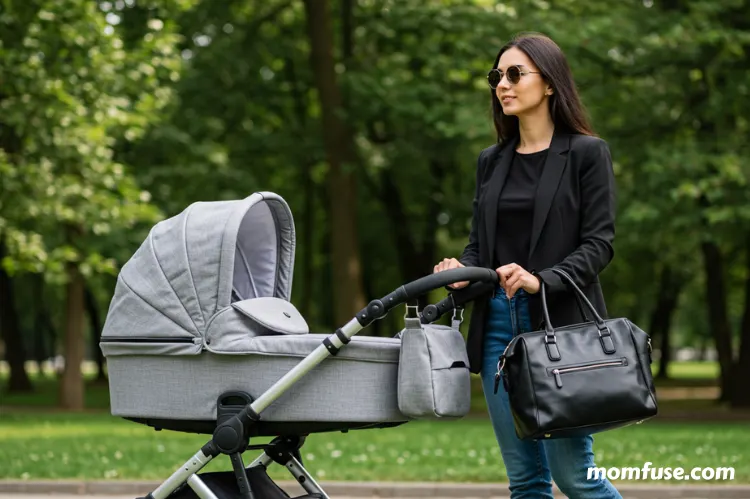 A fashionable mom walking outside holding a hand bag and stroller.