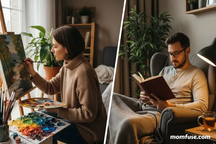 Two-part split scene: one partner enjoying a solo hobby like painting , the other reading both appearing fulfilled.