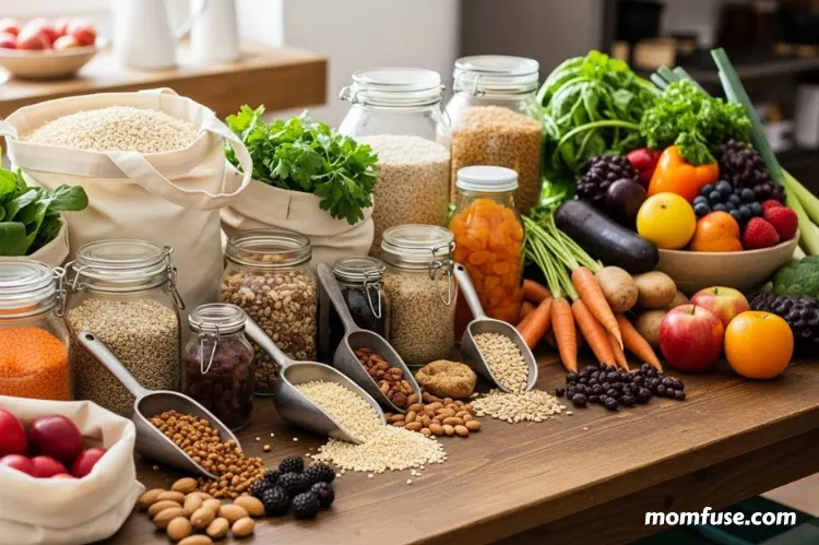 A mix of bulk ingredients and fresh seasonal produce arranged neatly.