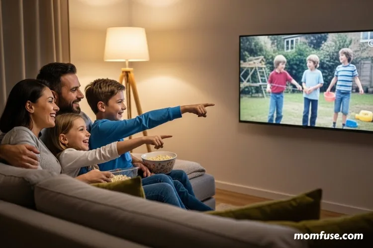 A family sitting together on a couch watching childhood videos on a TV, children smiling and laughing.