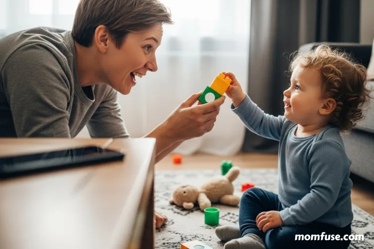 A mother putting a phone down on a table and fully engaging in play with their child on the floor.