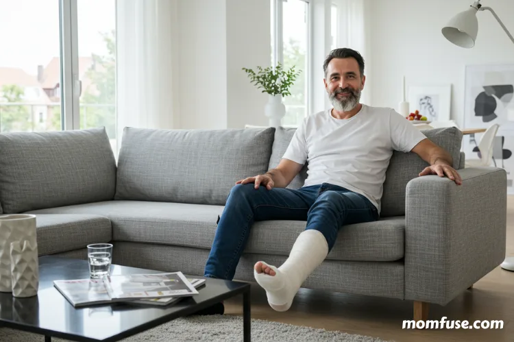 A man with a leg injury cast on is sitting on a grey couch in a well-lit living room. 