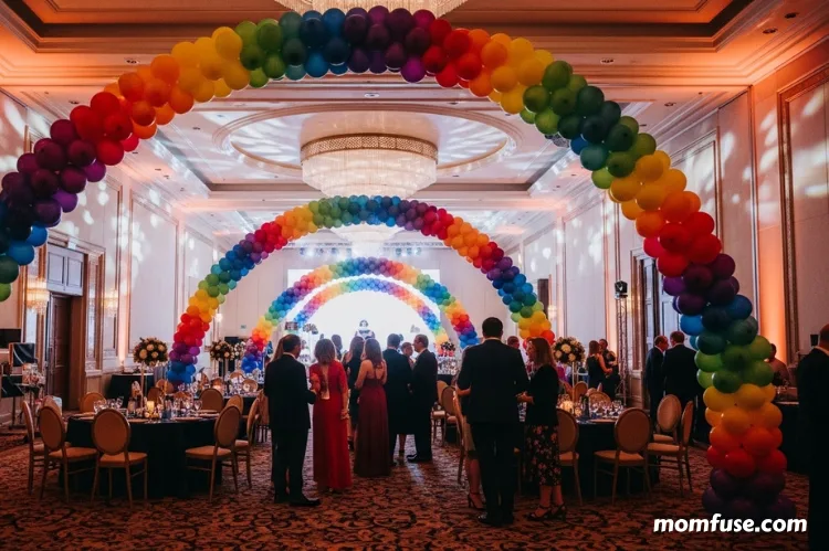 A festive event hall with vibrant balloon arches. -balloon decor tools