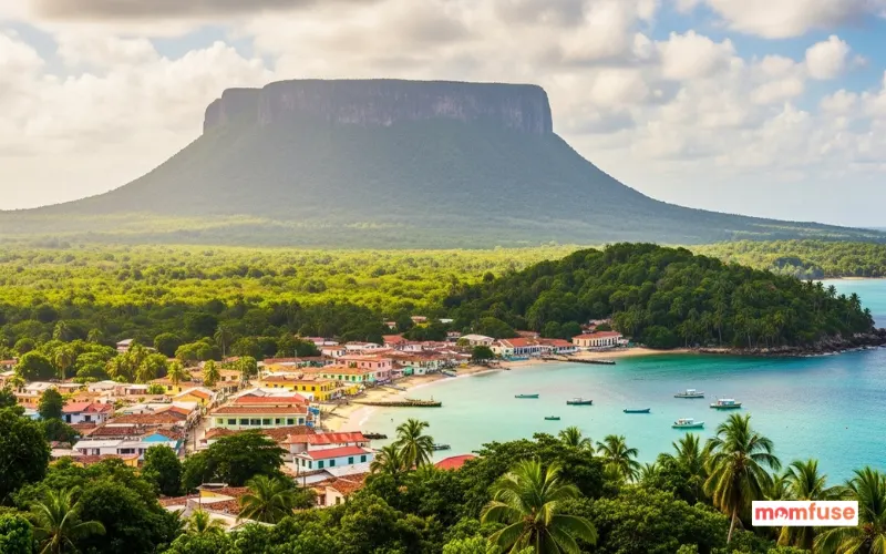 Baracoa Cuba tropical landscape, El Yunque mountain, lush rainforest, colorful coastal town near Atlantic Ocean.