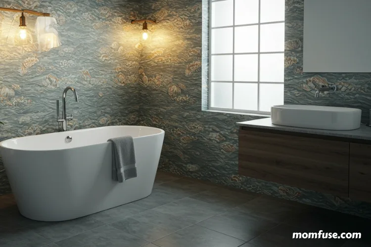 A stylish bathroom with waterproof peel-and-stick wallpaper featuring seashell patterns.