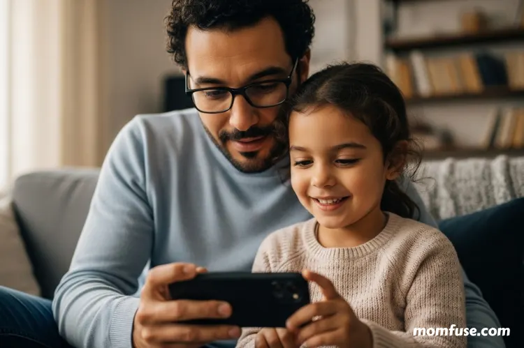 A parent reviewing app permissions on a smartphone while a child looks on.