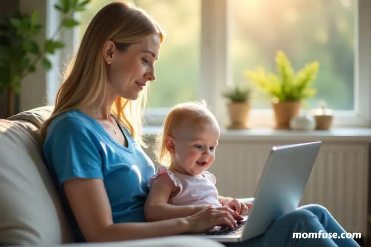 A relaxed home scene with a parent on a video call in casual clothes while holding a child.
