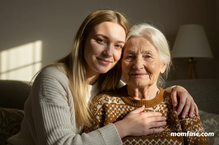 Young woman gently hugging her elderly mother in a cozy living room.