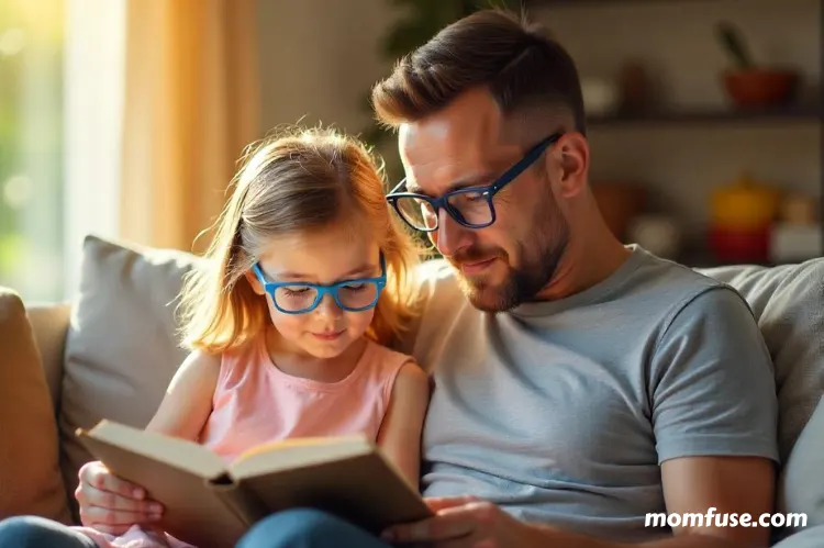 A father and daughter wearing glasses, sitting on a cozy couch, reading a book. protect parents eye health