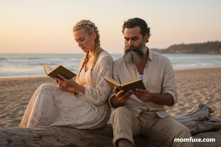 A dreamy beach scene with two writers reading a book.