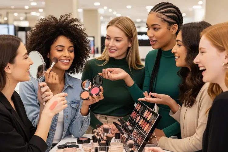 A group of diverse people exploring Flormar blush shades at a makeup counter smiling.
