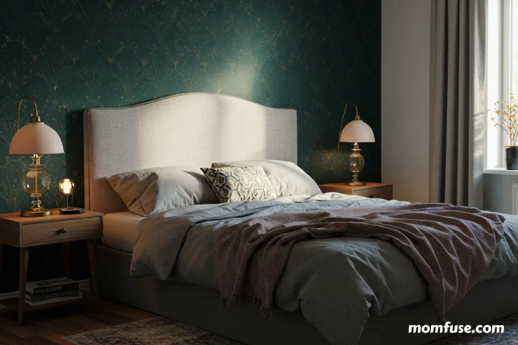 A cozy bedroom featuring a peel-and-stick wallpaper headboard wall.