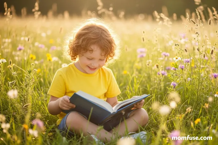 A happy child sitting in a sunlit meadow, reading a book.