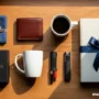 Elegant flat lay of thoughtful gift items for husband.