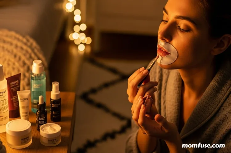 Night skincare routine with lip mask, calm cozy setting, soft warm lighting.