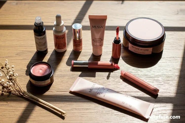 Step-by-step lip care routine in table, lip scrub, lip serum, lip balm, organized skincare aesthetic.