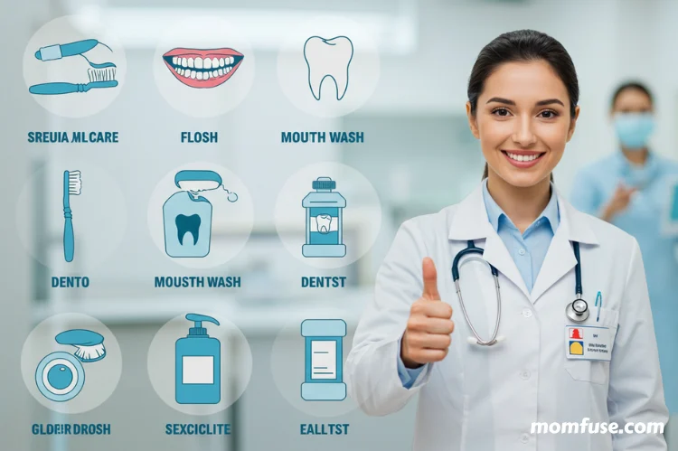 A checklist-style image with icons representing key oral care practices A smiling dentist giving a thumbs-up in the 