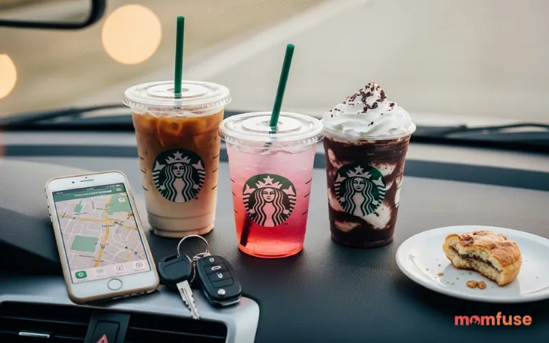 “Starbucks drinks aesthetic flat lay, iced coffee, pink drink, frappuccino, cozy car drive-thru vibe, soft lighting, modern lifestyle, high detail”