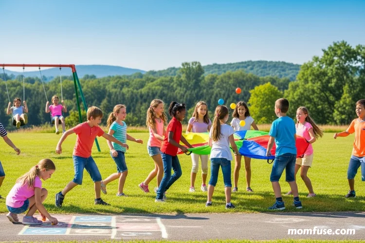 Happy children playing outdoors at summer camp, bright daylight, safe environment, joyful mood, realistic style.