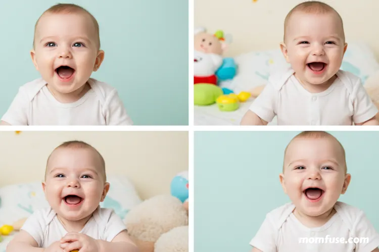 Collage-style image of babies making different noises.