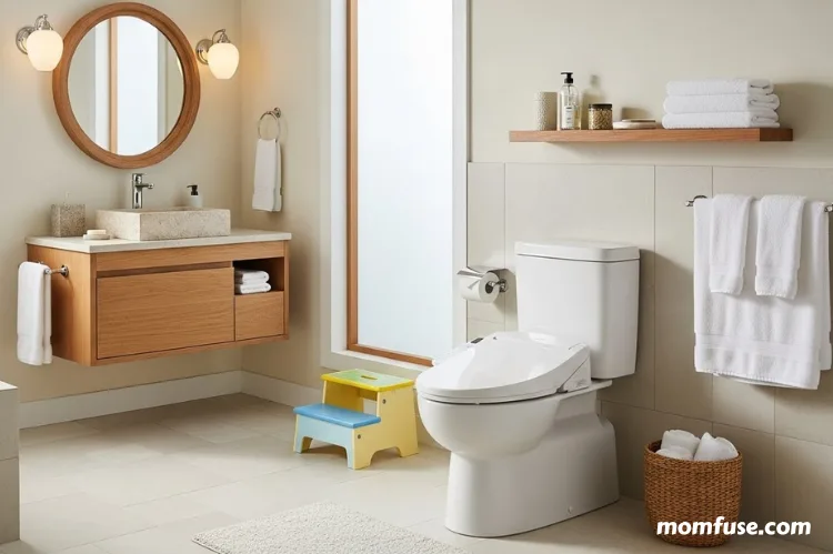 Create a warm, family-friendly bathroom scene featuring a modern bidet seat.