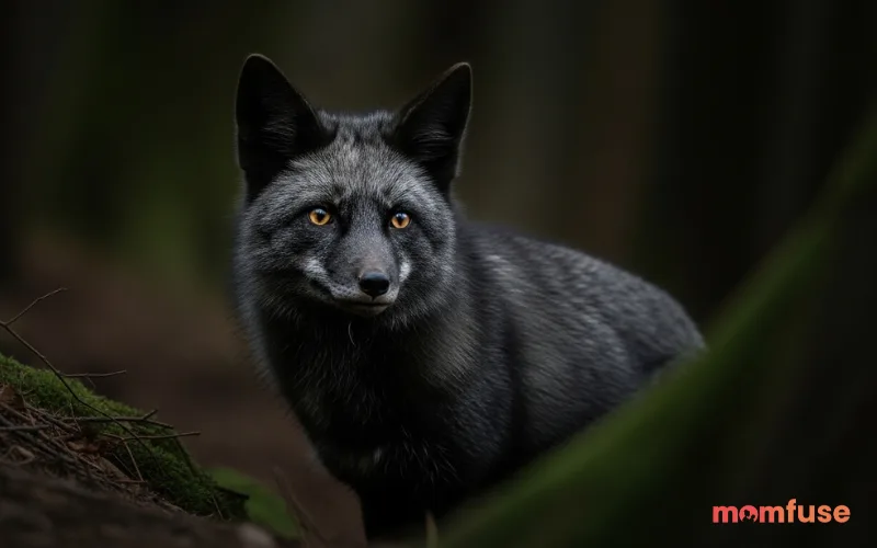 “black fox in shadowy forest, minimal light, detailed fur texture, dramatic natural lighting, wildlife photography”