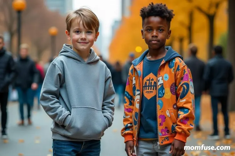 Two boys one wearing a subtle, simple outfit blending and another wearing bold, colorful streetwear.