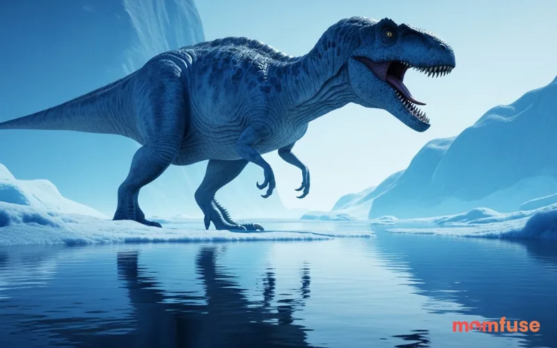 Blue dinosaur near river or icy landscape, cool tones, reflective water, cinematic realism