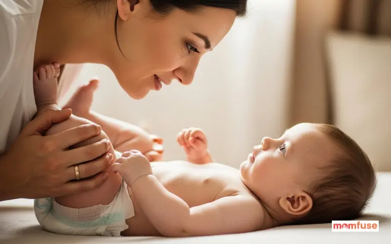 close emotional moment between parent and baby during diaper change, loving eye contact.