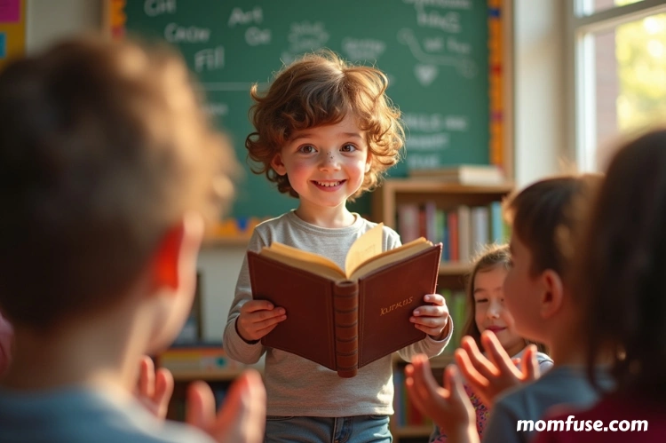 A child , reading from a book confidently in front of classmates