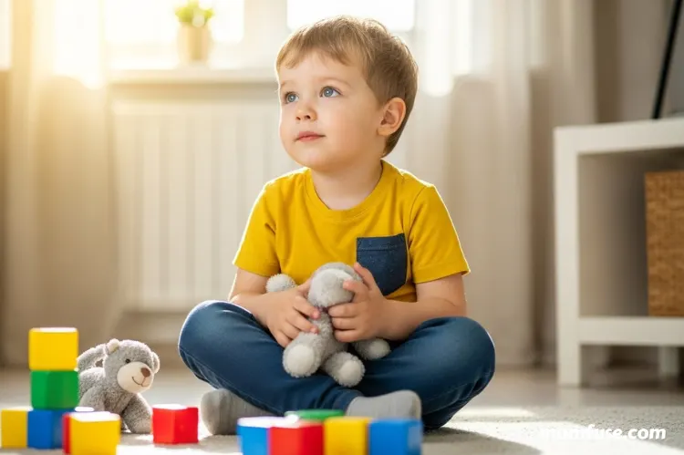 A child sitting on the floor looking thoughtful.