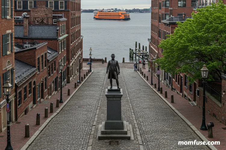 Freedom Trail landmarks, cobblestone streets, Paul Revere statue, ferry approaching. family summer vacation USA