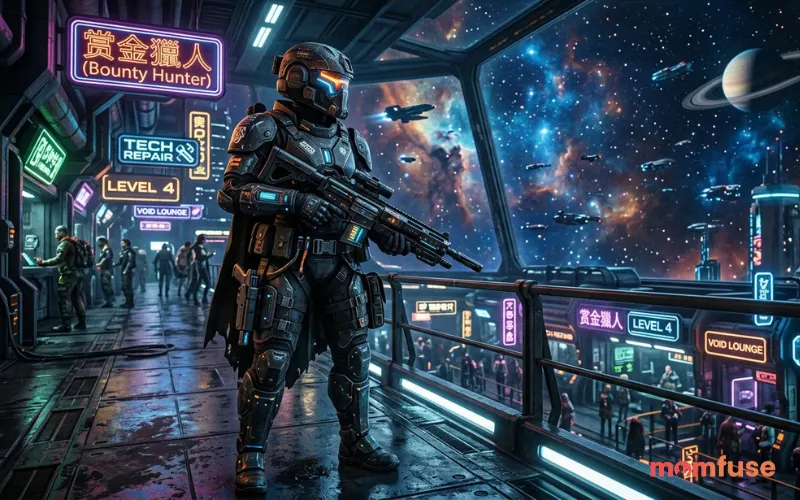 “futuristic bounty hunter armor, sci-fi weapons, space background, neon lights, cinematic star wars inspired scene”