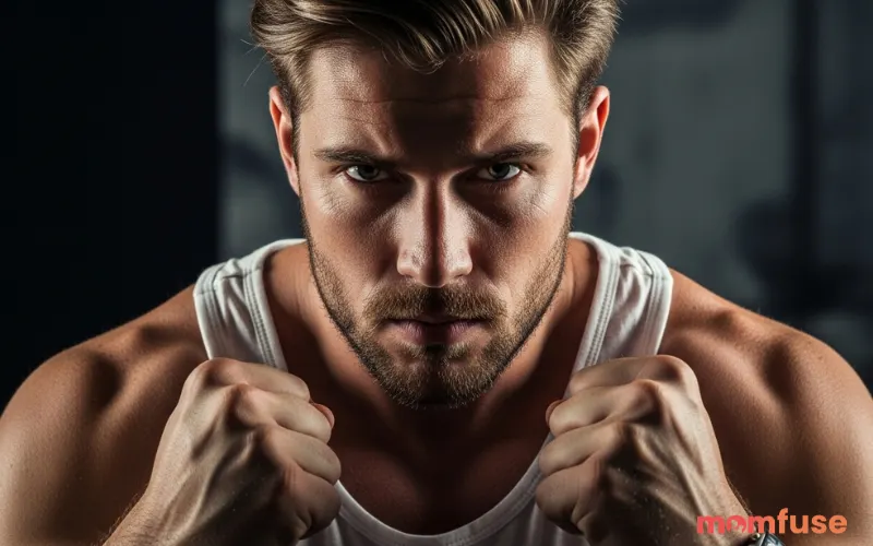 Strong young man with intense determined expression, standing in dramatic lighting,