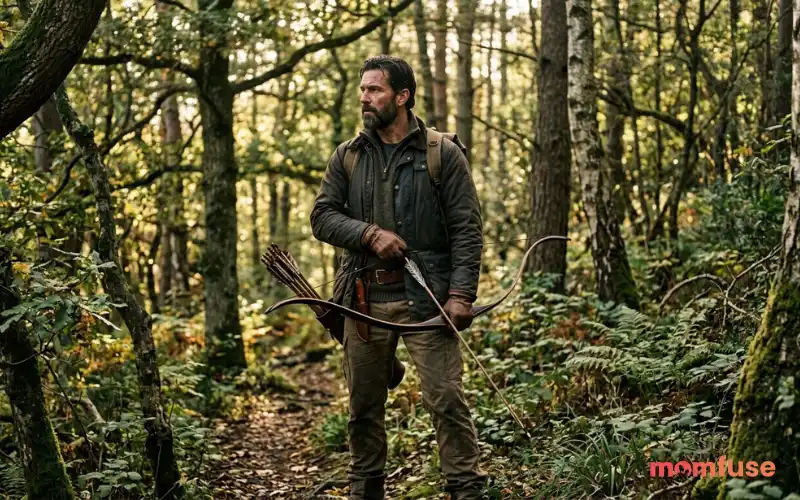 “strong male hunter with bow, forest background, natural light, realistic cinematic style”