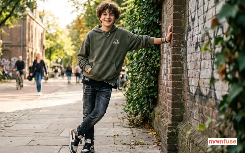 young teenage boy with mischievous smile, casual streetwear, outdoor background, natural sunlight.