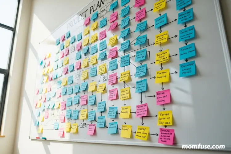 A whiteboard showing a big project broken down into small tasks. -online study habits